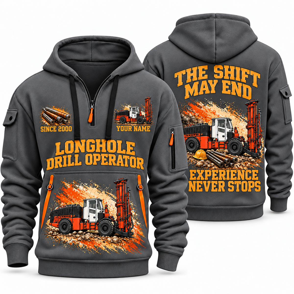 DL422i Longhole Drill Operator quarter zip hoodie in Gray, front and back views, sample YOUR NAME and SINCE 2000 artwork