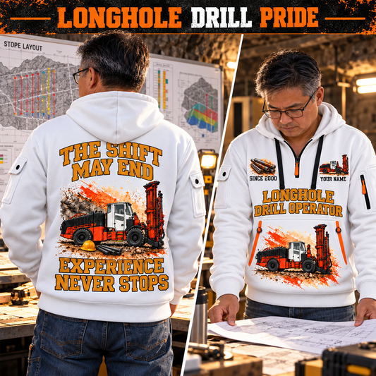 DL422i Longhole Drill Operator quarter zip hoodie in White, adult lifestyle portrait showing front and back artwork