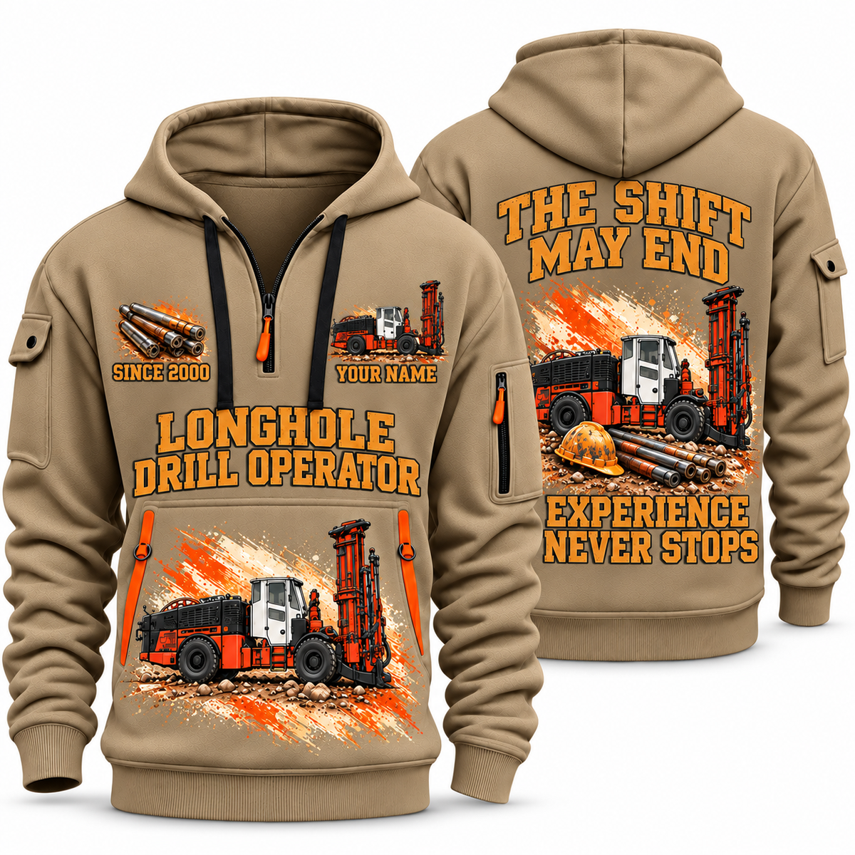 DL422i Longhole Drill Operator quarter zip hoodie in Khaki, front and back views, sample YOUR NAME and SINCE 2000 artwork