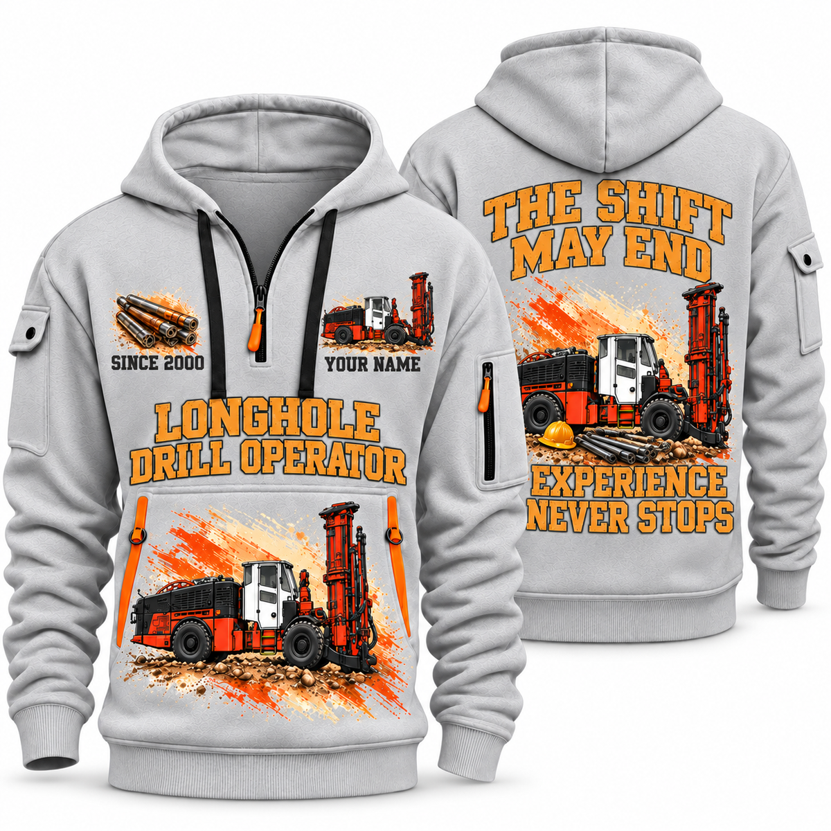 DL422i Longhole Drill Operator quarter zip hoodie in Light Grey, front and back views, sample YOUR NAME and SINCE 2000 artwork