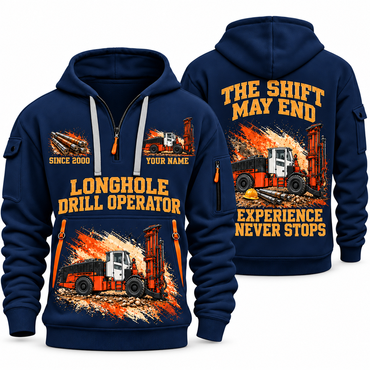DL422i Longhole Drill Operator quarter zip hoodie in Navy, front and back views, sample YOUR NAME and SINCE 2000 artwork