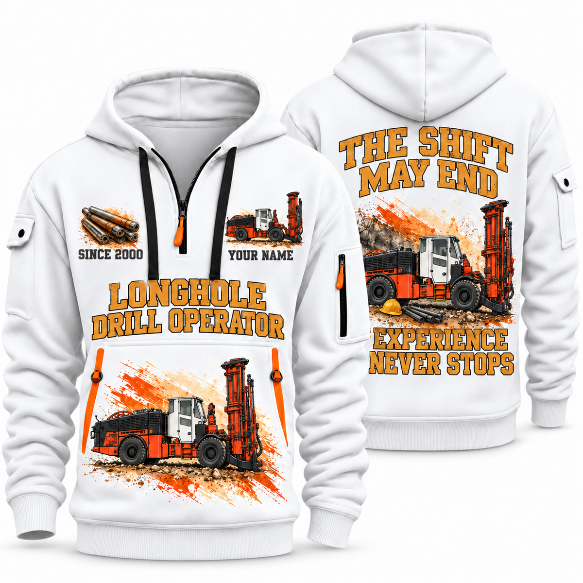 DL422i Longhole Drill Operator quarter zip hoodie in White, front and back views, sample YOUR NAME and SINCE 2000 artwork