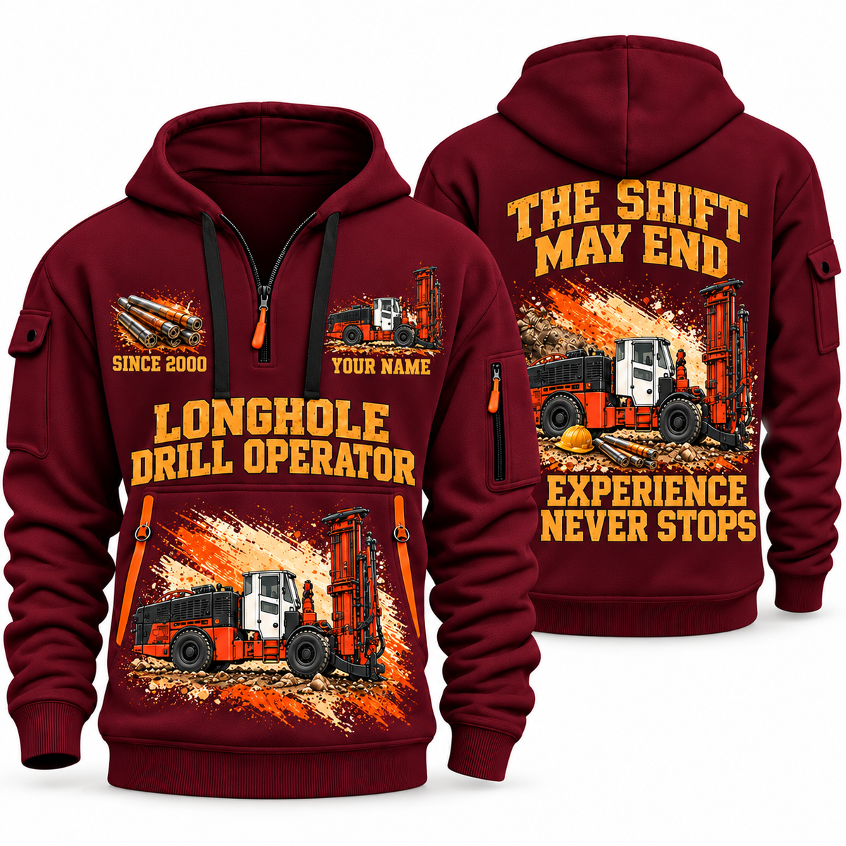 DL422i Longhole Drill Operator quarter zip hoodie in Wine Red, front and back views, sample YOUR NAME and SINCE 2000 artwork