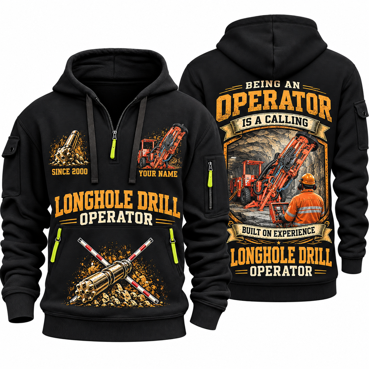 DL311 Longhole Drill Operator quarter zip hoodie in Black, front and back views, sample YOUR NAME and SINCE 2000 artwork