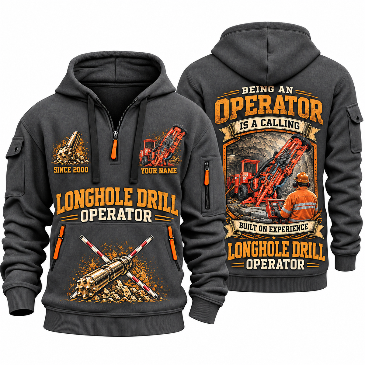 DL311 Longhole Drill Operator quarter zip hoodie in Gray, front and back views, sample YOUR NAME and SINCE 2000 artwork