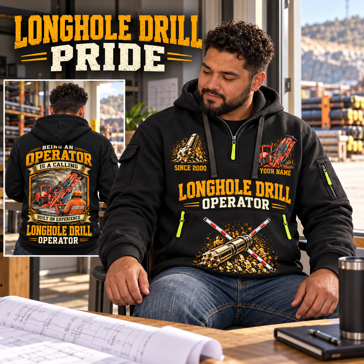 DL311 Longhole Drill Operator quarter zip hoodie in Black, adult lifestyle portrait showing front and back artwork