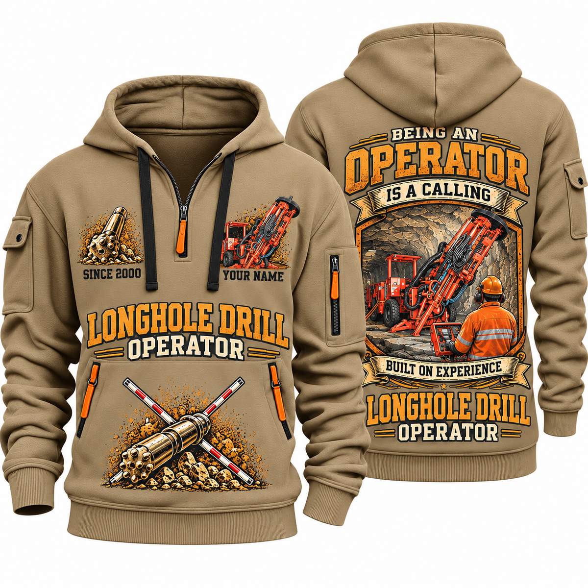 DL311 Longhole Drill Operator quarter zip hoodie in Khaki, front and back views, sample YOUR NAME and SINCE 2000 artwork
