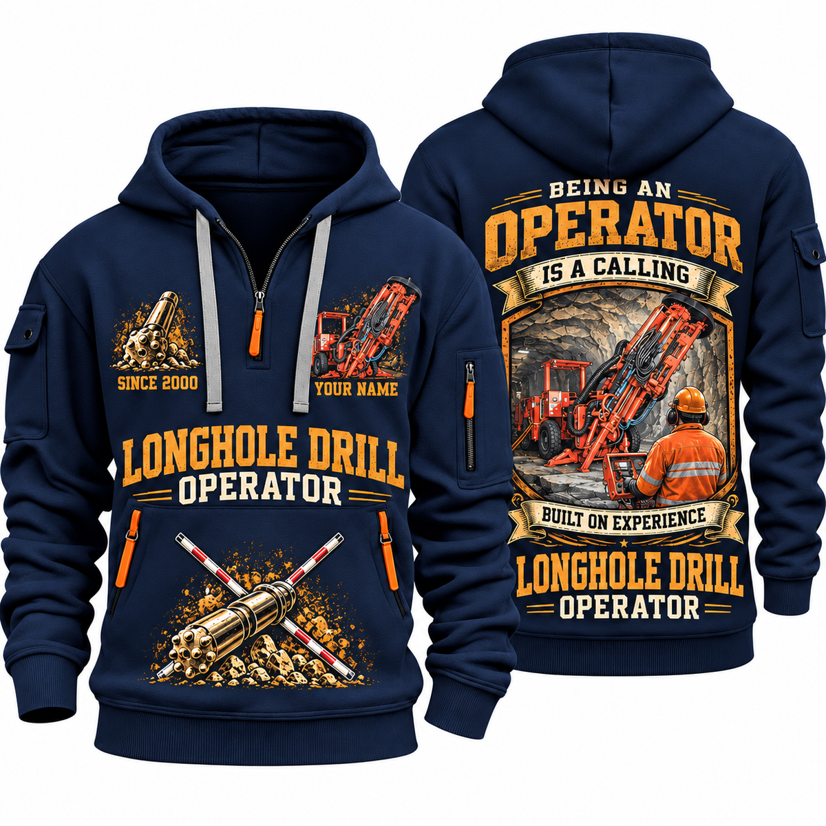 DL311 Longhole Drill Operator quarter zip hoodie in Navy, front and back views, sample YOUR NAME and SINCE 2000 artwork