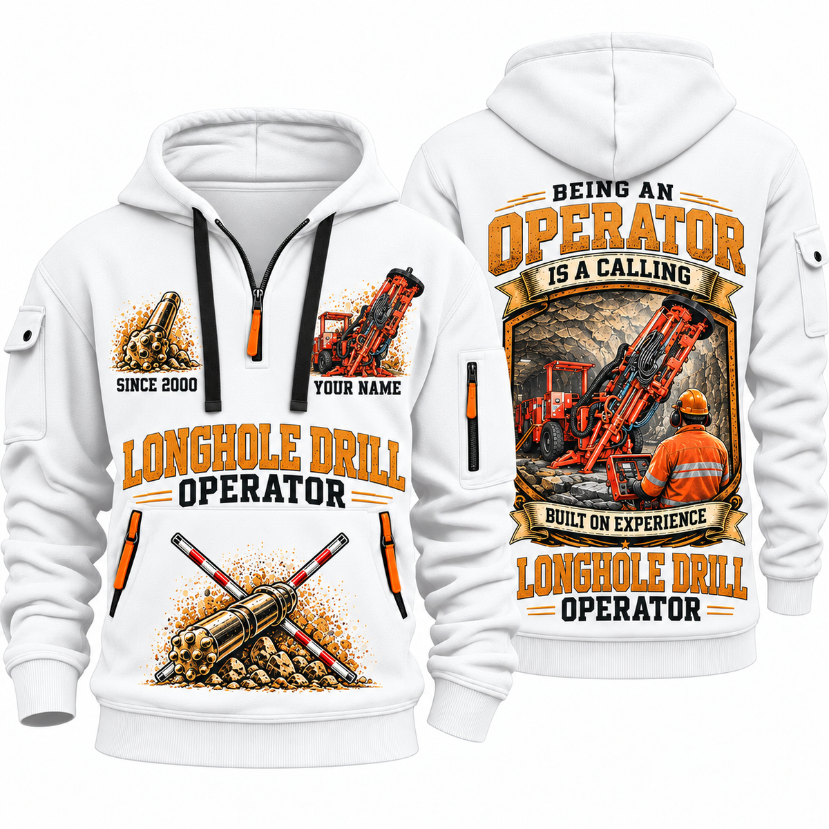 DL311 Longhole Drill Operator quarter zip hoodie in White, front and back views, sample YOUR NAME and SINCE 2000 artwork