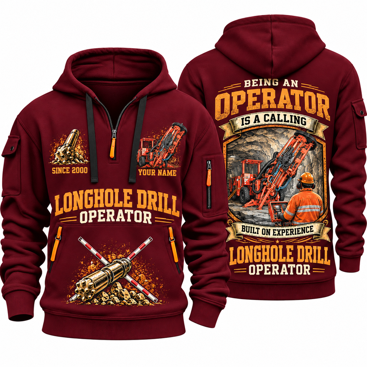 DL311 Longhole Drill Operator quarter zip hoodie in Wine Red, front and back views, sample YOUR NAME and SINCE 2000 artwork