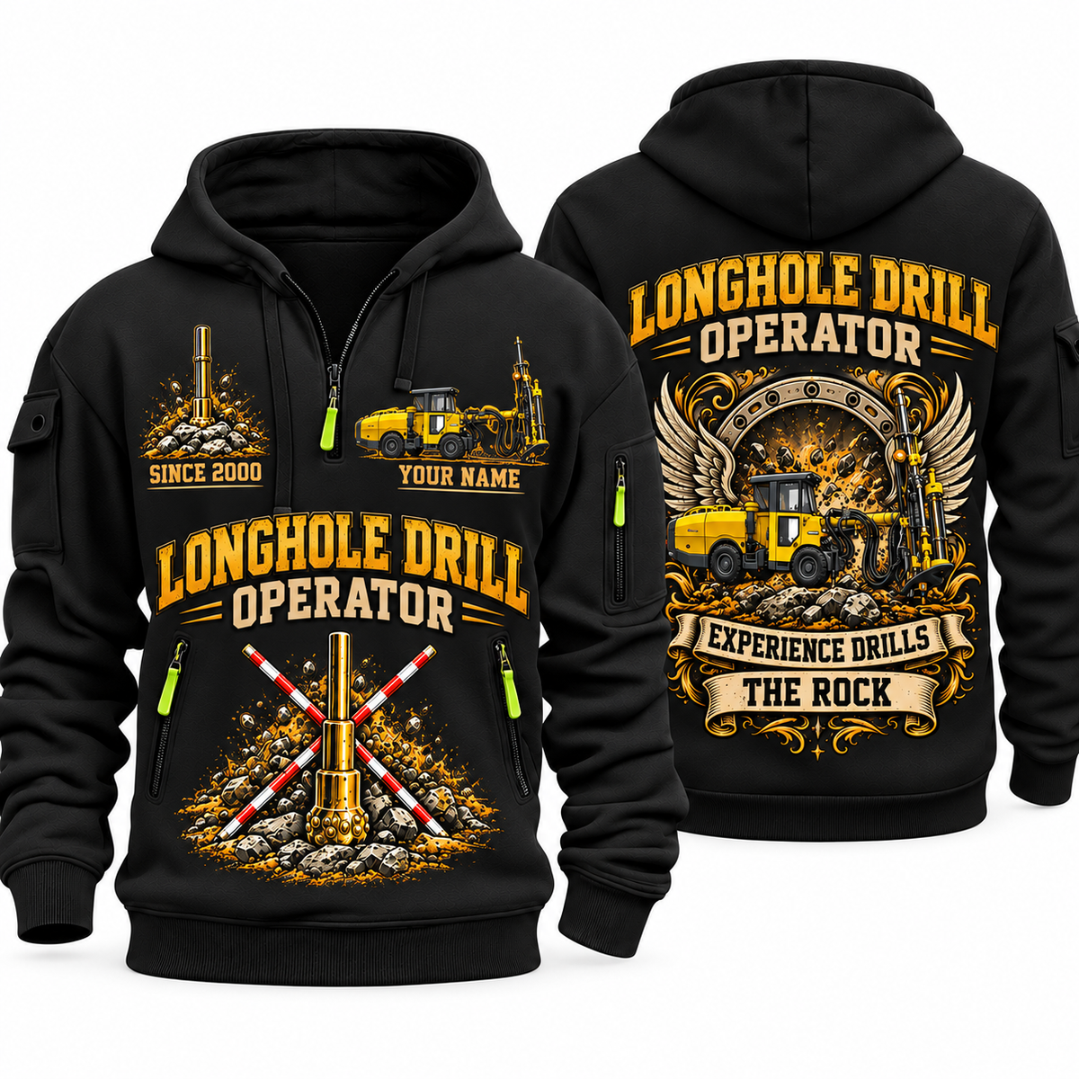 Simba S7 Longhole Drill Operator quarter zip hoodie in Black, front and back views, sample YOUR NAME and SINCE 2000 artwork