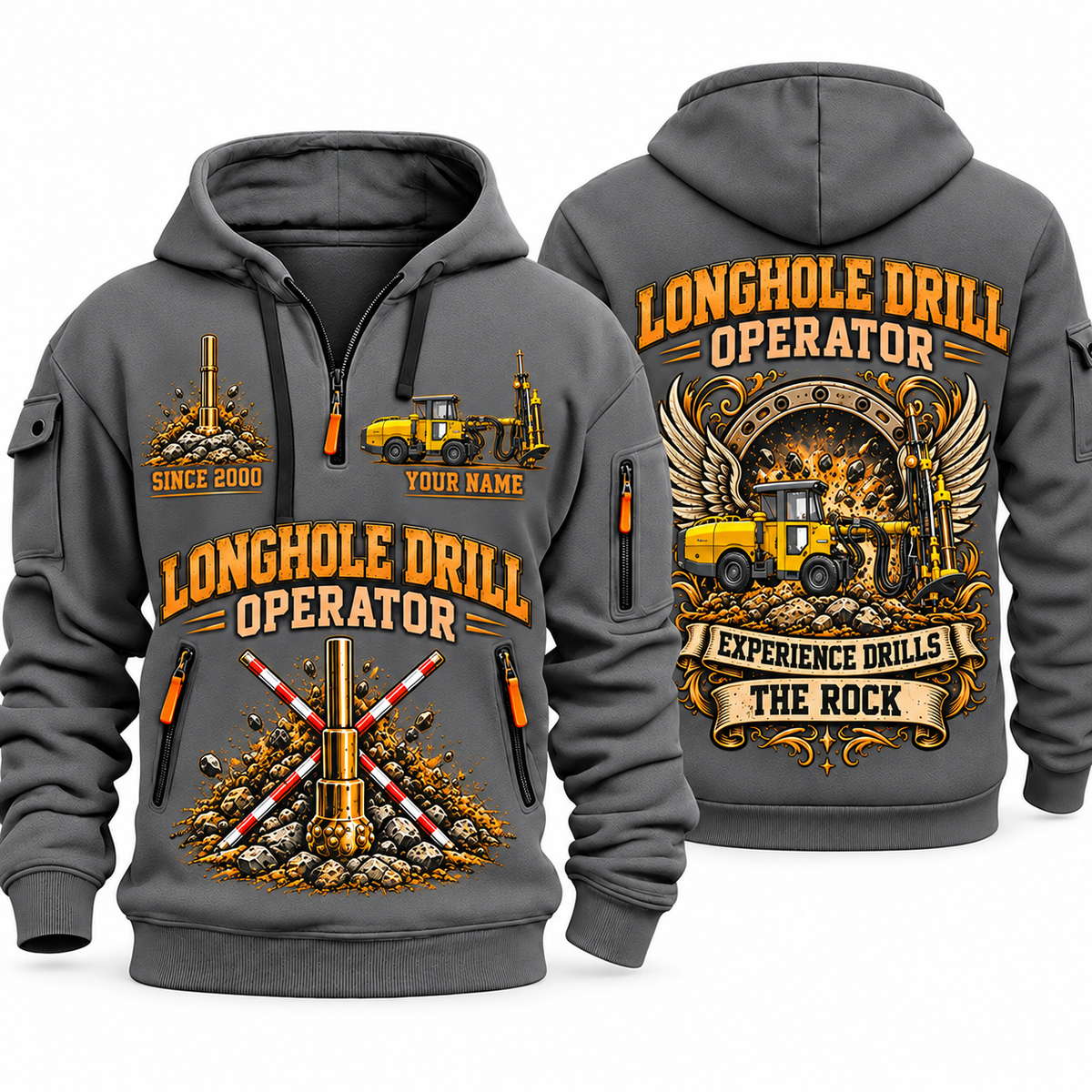 Simba S7 Longhole Drill Operator quarter zip hoodie in Gray, front and back views, sample YOUR NAME and SINCE 2000 artwork