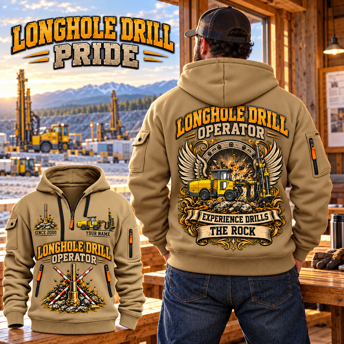 Simba S7 Longhole Drill Operator quarter zip hoodie in Khaki, adult lifestyle portrait showing front and back artwork