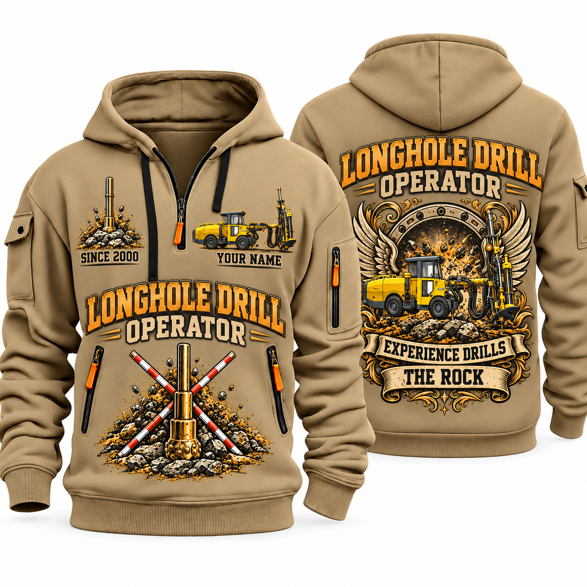 Simba S7 Longhole Drill Operator quarter zip hoodie in Khaki, front and back views, sample YOUR NAME and SINCE 2000 artwork