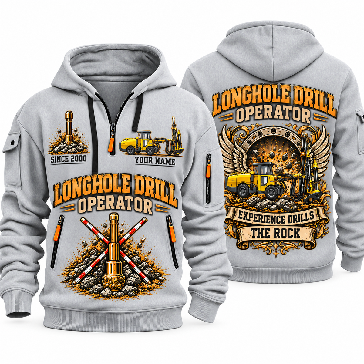 Simba S7 Longhole Drill Operator quarter zip hoodie in Light Grey, front and back views, sample YOUR NAME and SINCE 2000 artwork