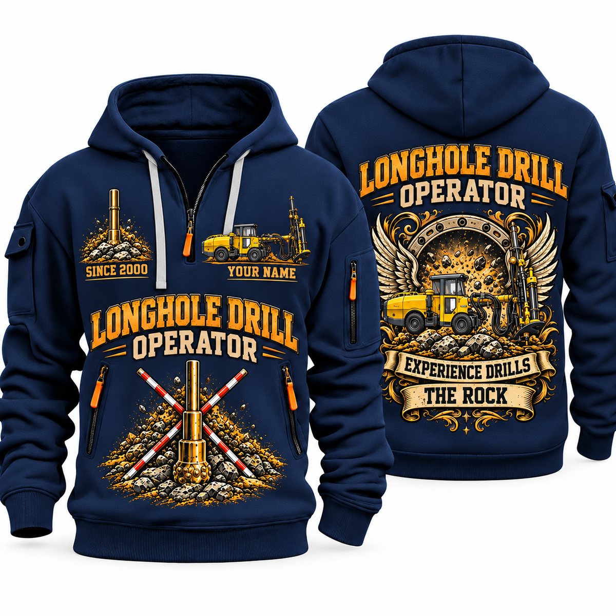 Simba S7 Longhole Drill Operator quarter zip hoodie in Navy, front and back views, sample YOUR NAME and SINCE 2000 artwork
