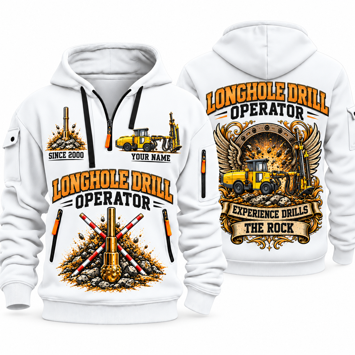 Simba S7 Longhole Drill Operator quarter zip hoodie in White, front and back views, sample YOUR NAME and SINCE 2000 artwork