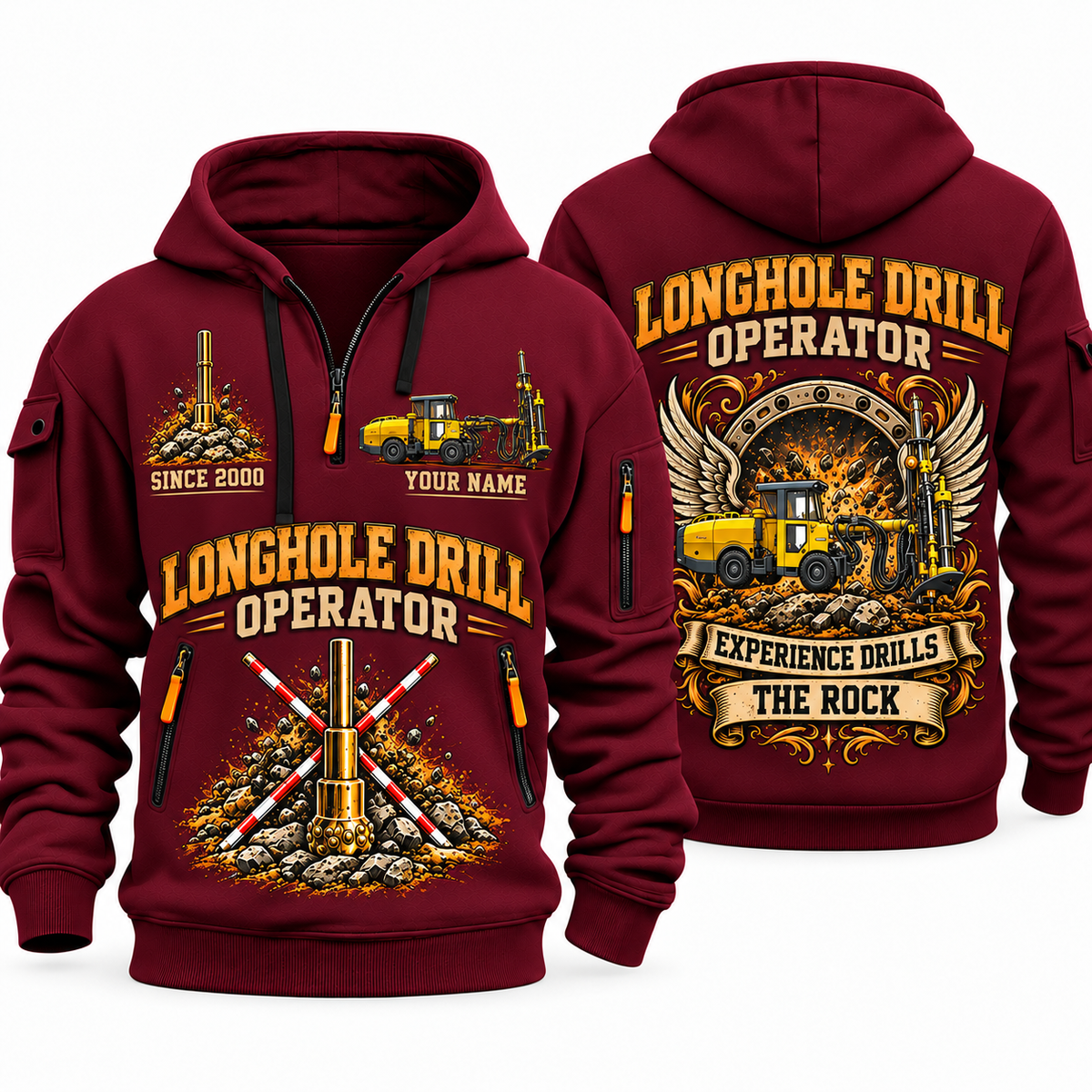 Simba S7 Longhole Drill Operator quarter zip hoodie in Wine Red, front and back views, sample YOUR NAME and SINCE 2000 artwork
