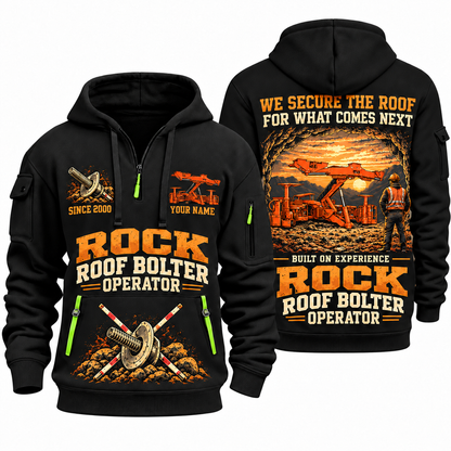 Fletcher DDR Roof Bolter Operator quarter zip hoodie in Black, front and back views, sample YOUR NAME and SINCE 2000 artwork