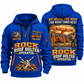 Fletcher DDR Roof Bolter Operator quarter zip hoodie in Blue, front and back views, sample YOUR NAME and SINCE 2000 artwork