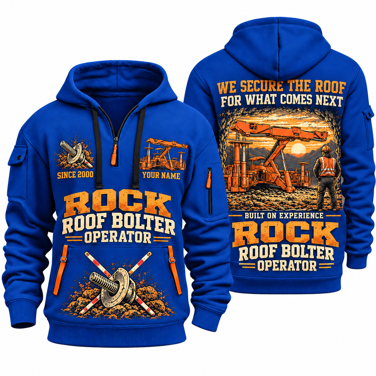 Fletcher DDR Roof Bolter Operator quarter zip hoodie in Blue, front and back views, sample YOUR NAME and SINCE 2000 artwork