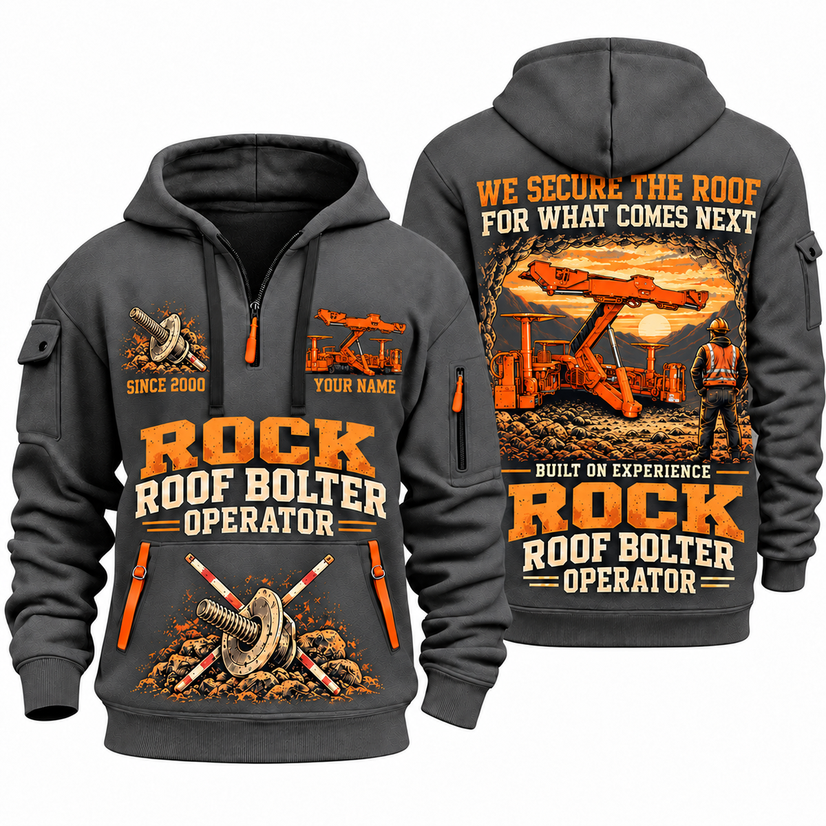 Fletcher DDR Roof Bolter Operator quarter zip hoodie in Gray, front and back views, sample YOUR NAME and SINCE 2000 artwork