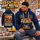 Fletcher DDR Roof Bolter Operator quarter zip hoodie in Navy, adult lifestyle portrait showing front and back artwork