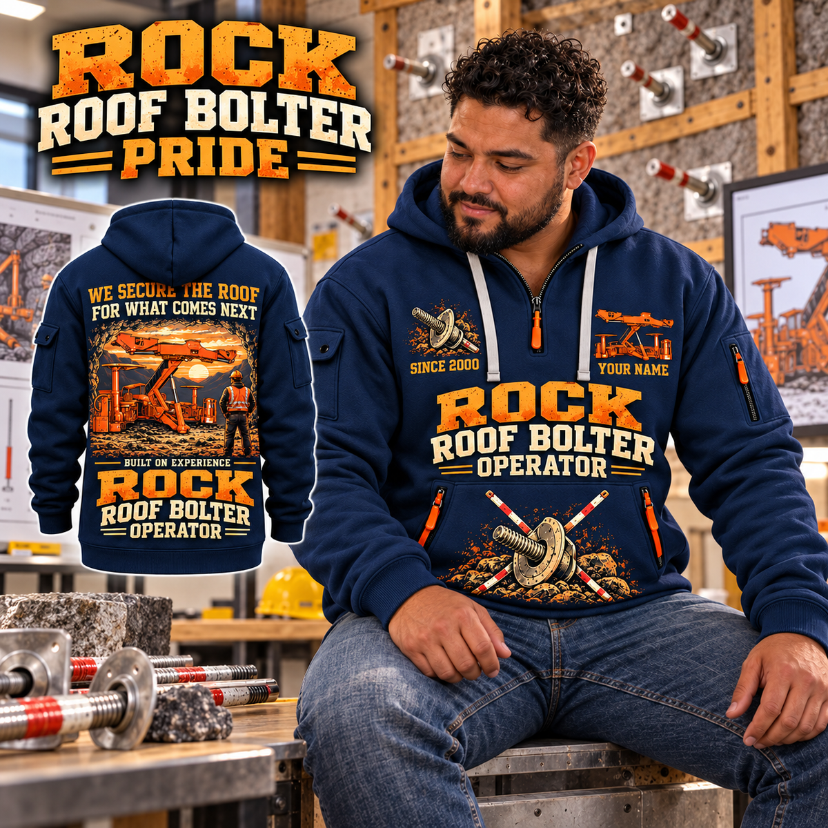 Fletcher DDR Roof Bolter Operator quarter zip hoodie in Navy, adult lifestyle portrait showing front and back artwork