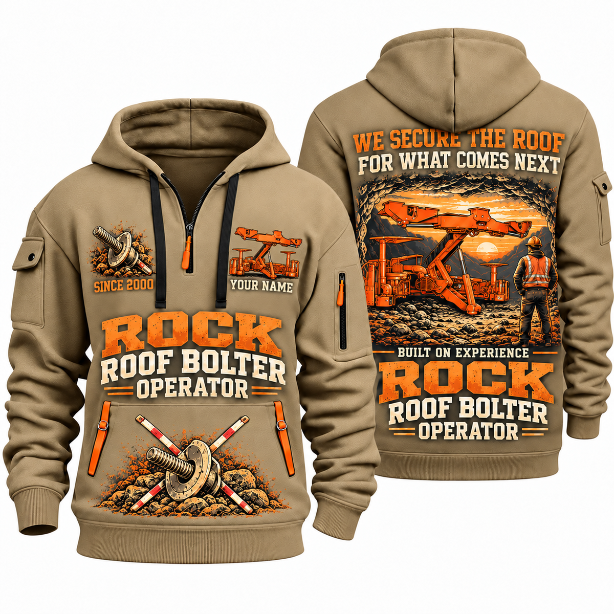 Fletcher DDR Roof Bolter Operator quarter zip hoodie in Khaki, front and back views, sample YOUR NAME and SINCE 2000 artwork