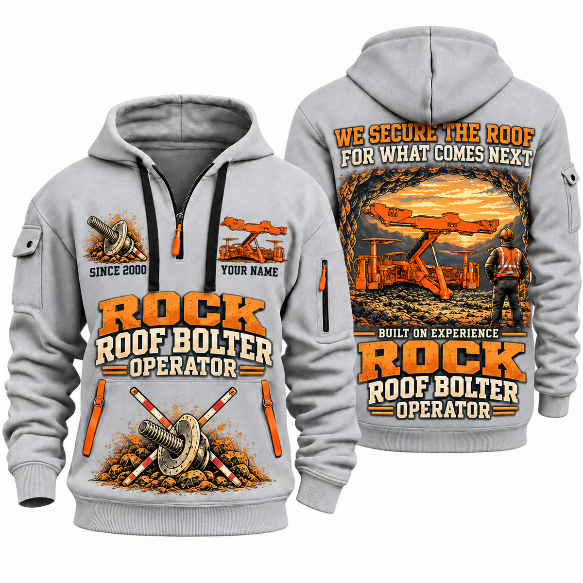 Fletcher DDR Roof Bolter Operator quarter zip hoodie in Light Grey, front and back views, sample YOUR NAME and SINCE 2000 artwork