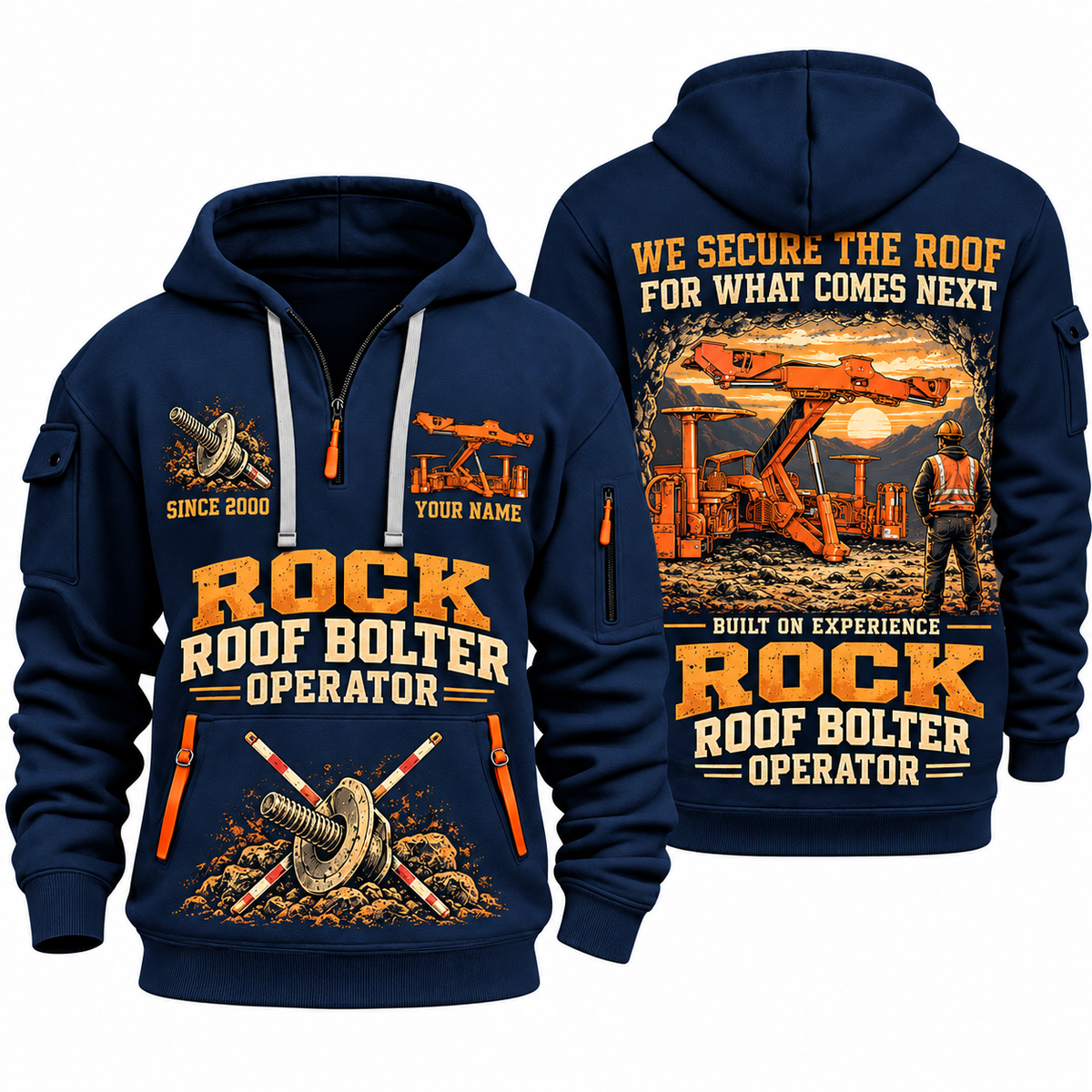 Fletcher DDR Roof Bolter Operator quarter zip hoodie in Navy, front and back views, sample YOUR NAME and SINCE 2000 artwork