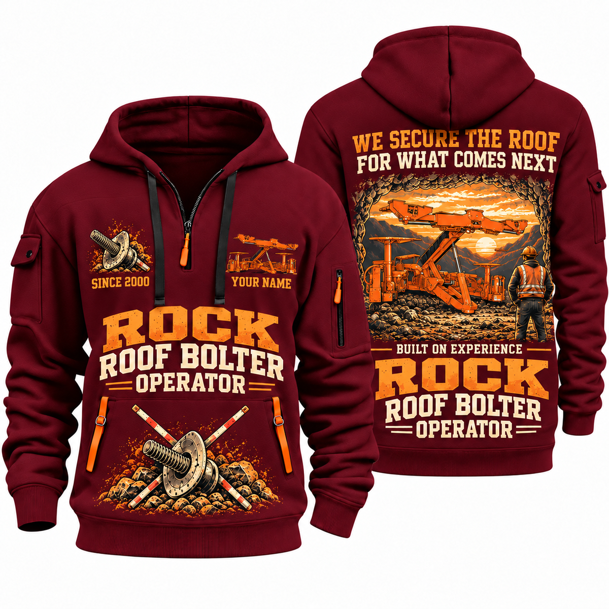 Fletcher DDR Roof Bolter Operator quarter zip hoodie in Wine Red, front and back views, sample YOUR NAME and SINCE 2000 artwork