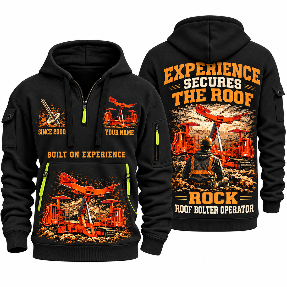 Fletcher CHDDR Roof Bolter Operator quarter zip hoodie in Black, front and back views, sample YOUR NAME and SINCE 2000 artwork
