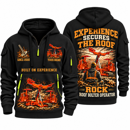 Fletcher CHDDR Roof Bolter Operator quarter zip hoodie in Black, front and back views, sample YOUR NAME and SINCE 2000 artwork