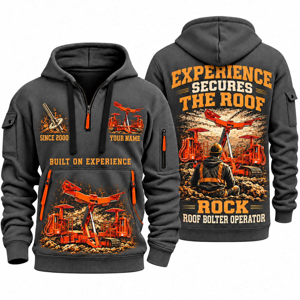 Fletcher CHDDR Roof Bolter Operator quarter zip hoodie in Gray, front and back views, sample YOUR NAME and SINCE 2000 artwork