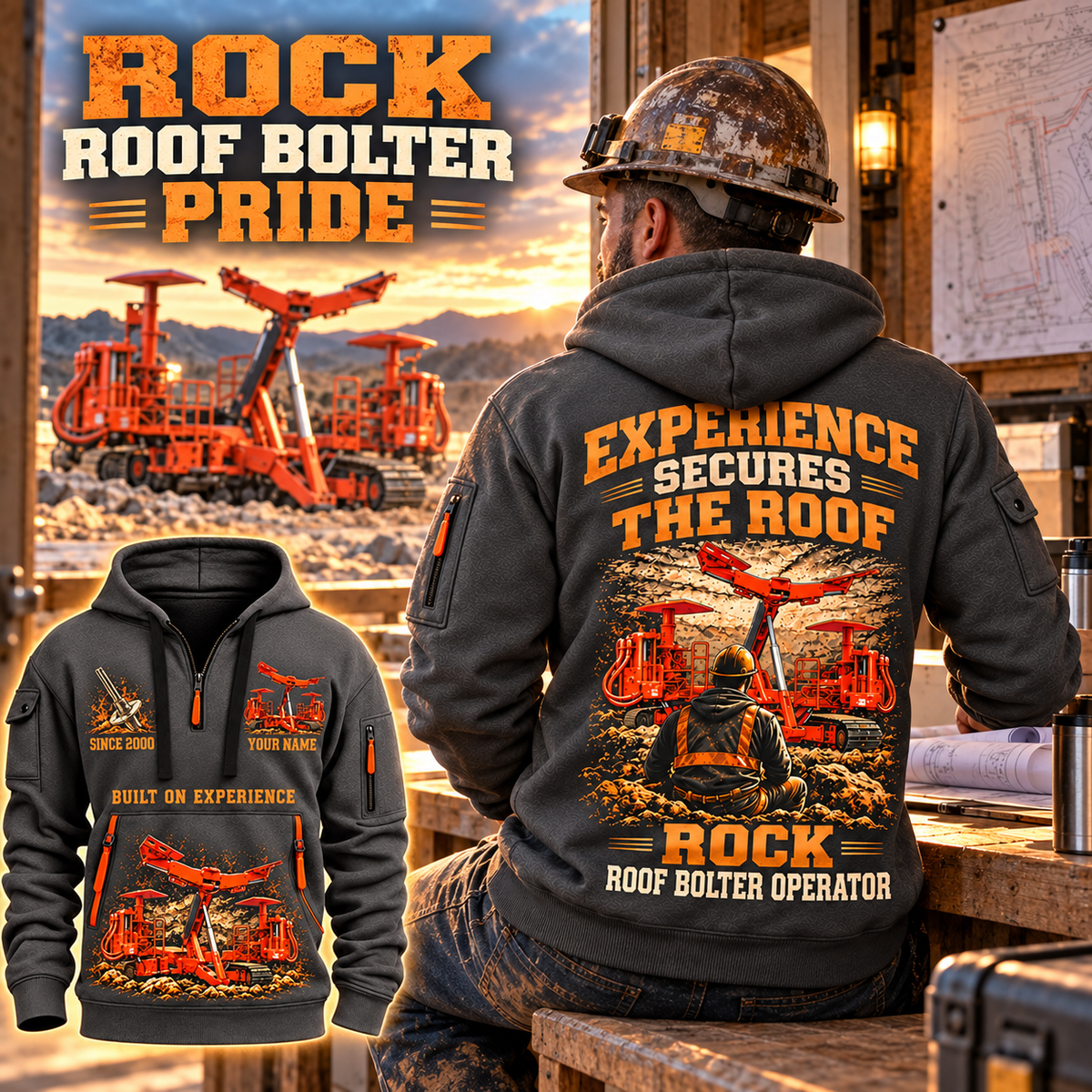 Fletcher CHDDR Roof Bolter Operator quarter zip hoodie in Gray, adult lifestyle portrait showing front and back artwork