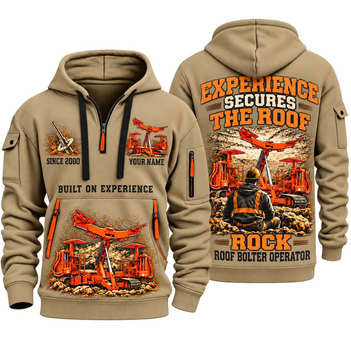Fletcher CHDDR Roof Bolter Operator quarter zip hoodie in Khaki, front and back views, sample YOUR NAME and SINCE 2000 artwork