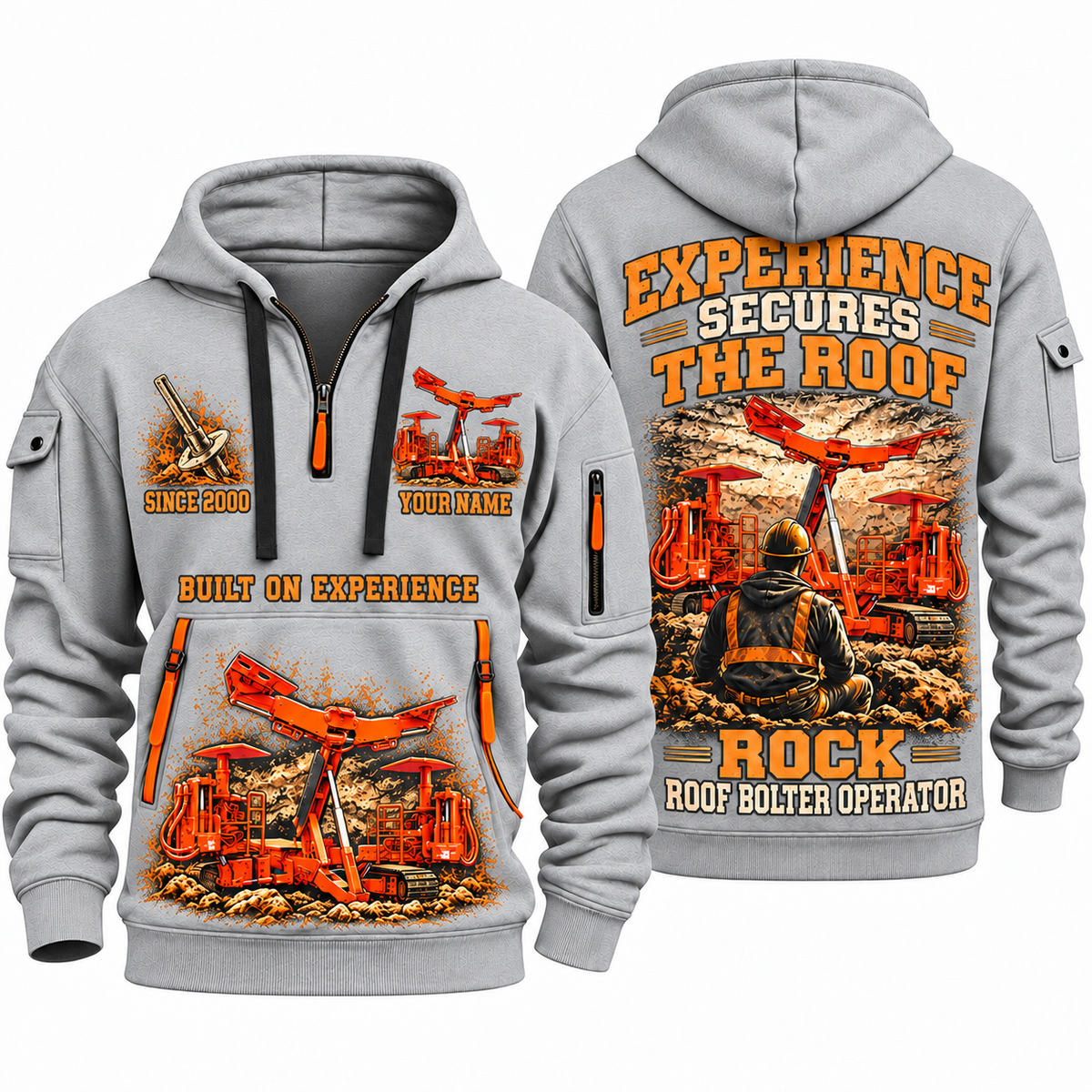 Fletcher CHDDR Roof Bolter Operator quarter zip hoodie in Light Grey, front and back views, sample YOUR NAME and SINCE 2000 artwork
