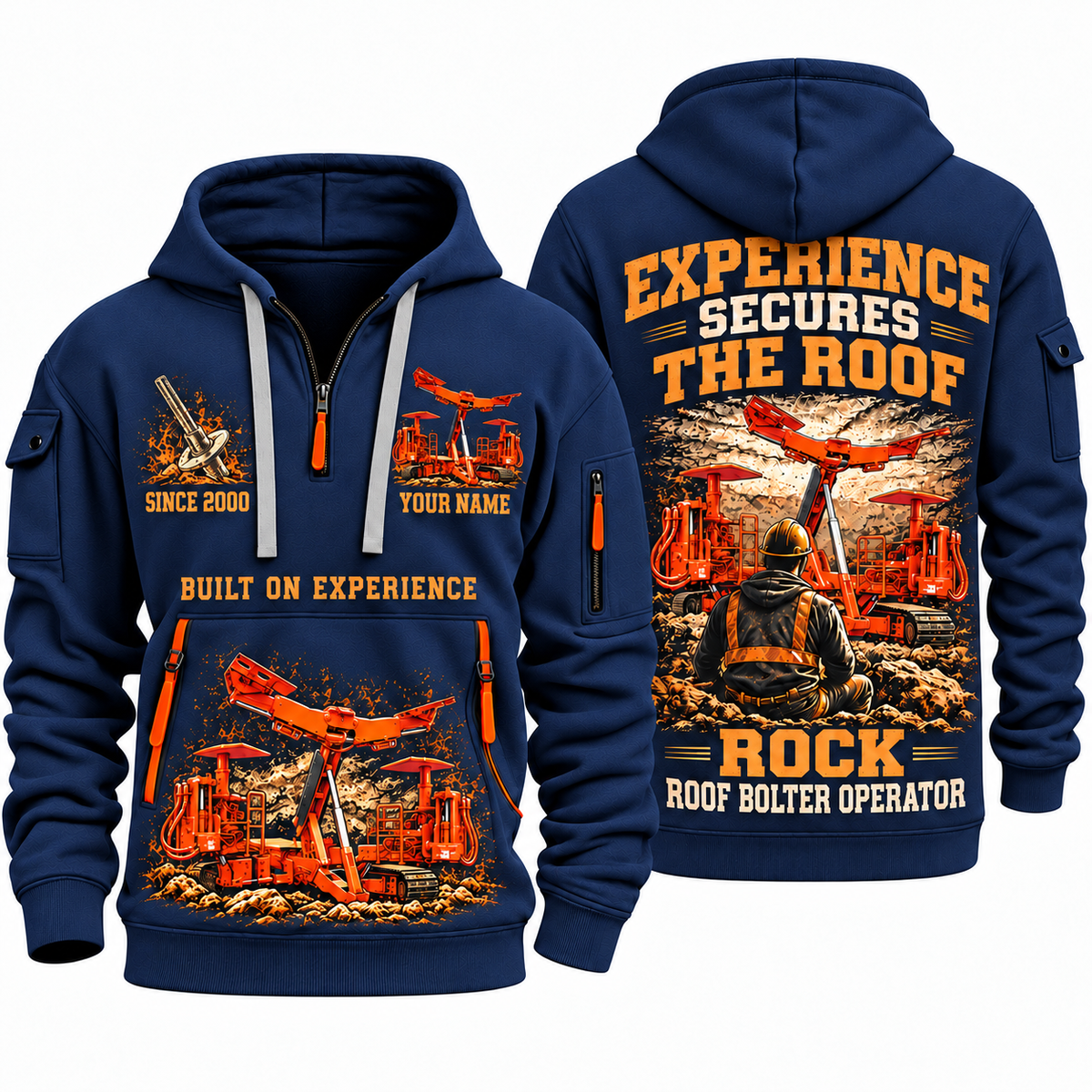 Fletcher CHDDR Roof Bolter Operator quarter zip hoodie in Navy, front and back views, sample YOUR NAME and SINCE 2000 artwork