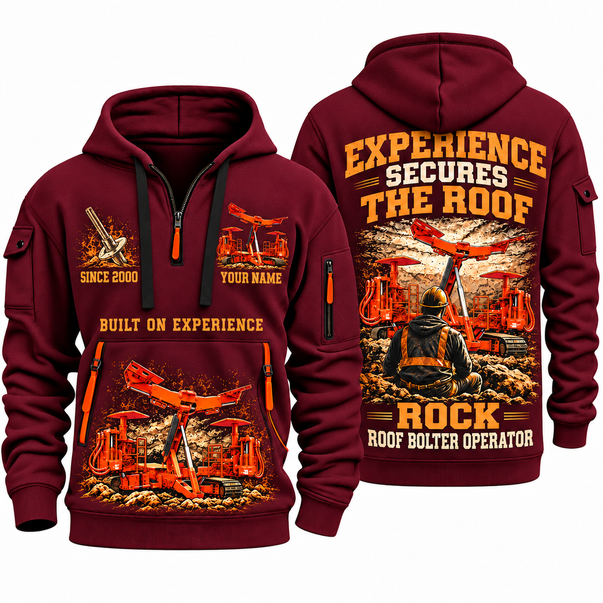 Fletcher CHDDR Roof Bolter Operator quarter zip hoodie in Wine Red, front and back views, sample YOUR NAME and SINCE 2000 artwork