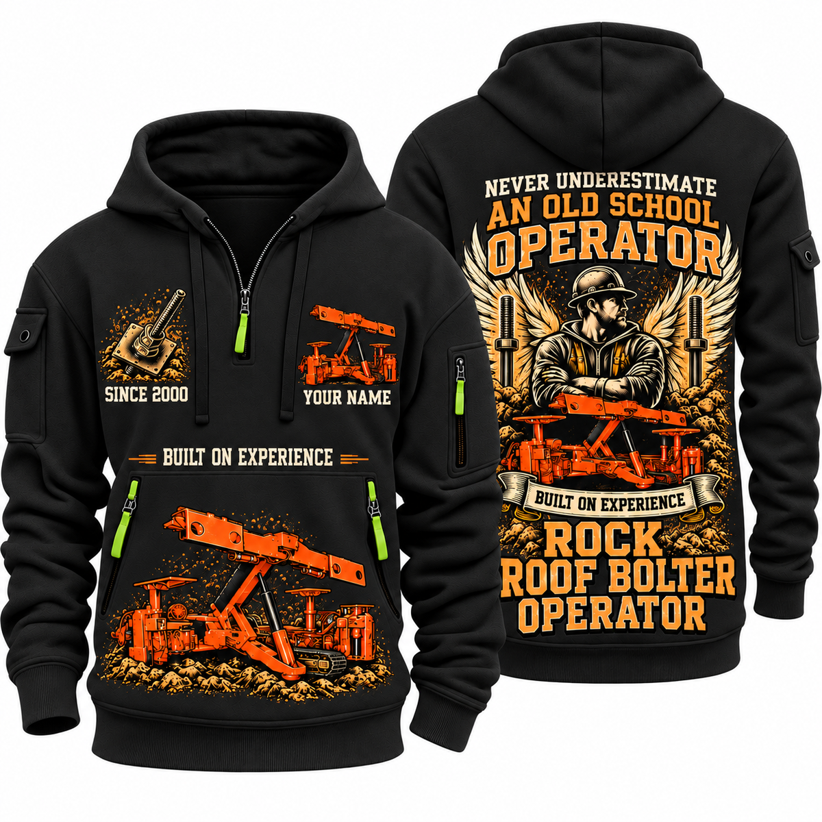 Fletcher CDDR Roof Bolter Operator quarter zip hoodie in Black, front and back views, sample YOUR NAME and SINCE 2000 artwork