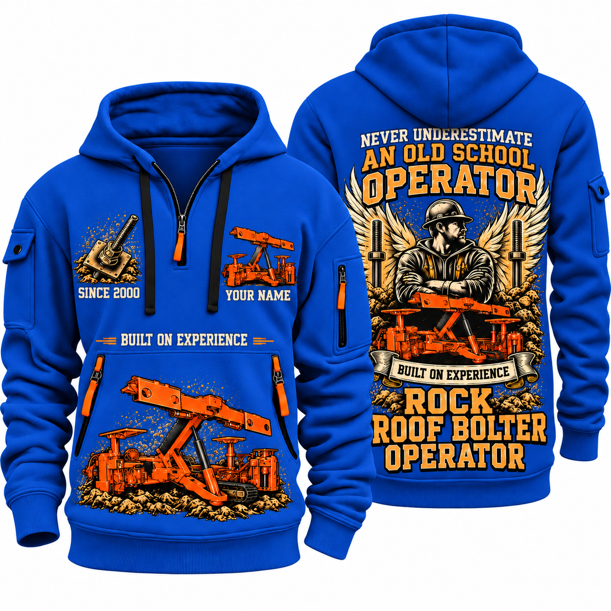 Fletcher CDDR Roof Bolter Operator quarter zip hoodie in Blue, front and back views, sample YOUR NAME and SINCE 2000 artwork