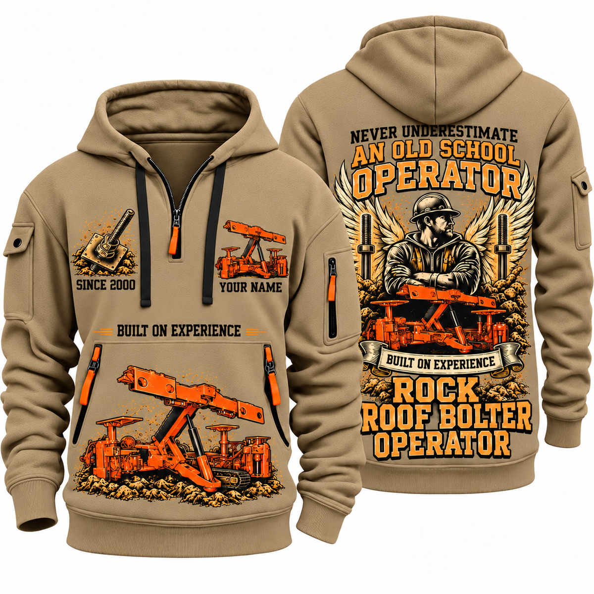 Fletcher CDDR Roof Bolter Operator quarter zip hoodie in Khaki, front and back views, sample YOUR NAME and SINCE 2000 artwork
