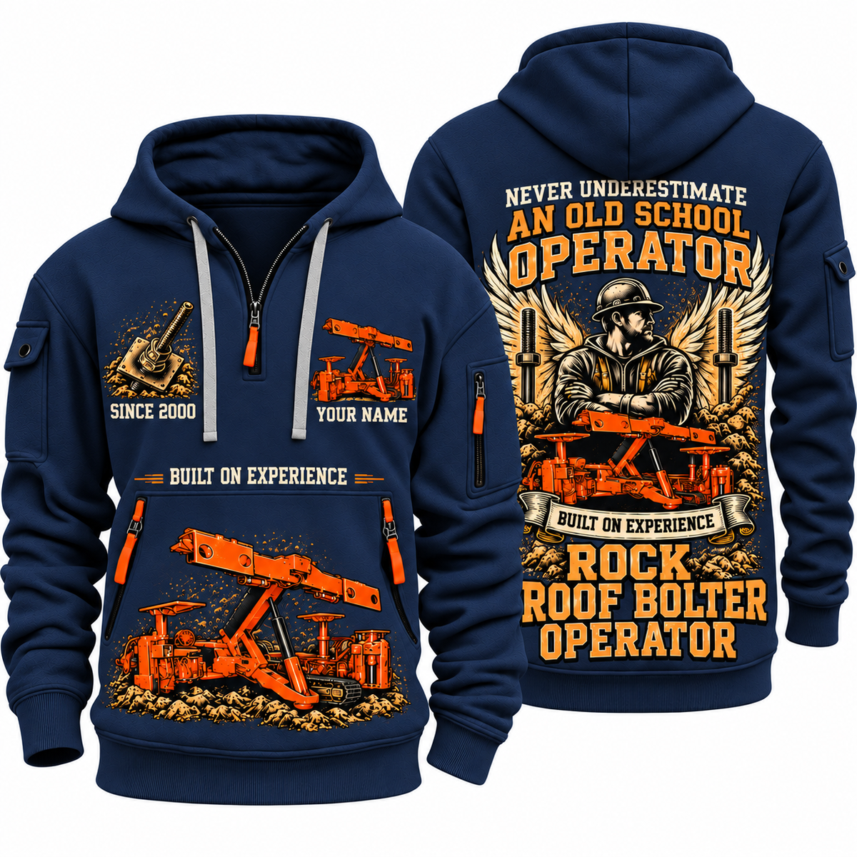 Fletcher CDDR Roof Bolter Operator quarter zip hoodie in Navy, front and back views, sample YOUR NAME and SINCE 2000 artwork