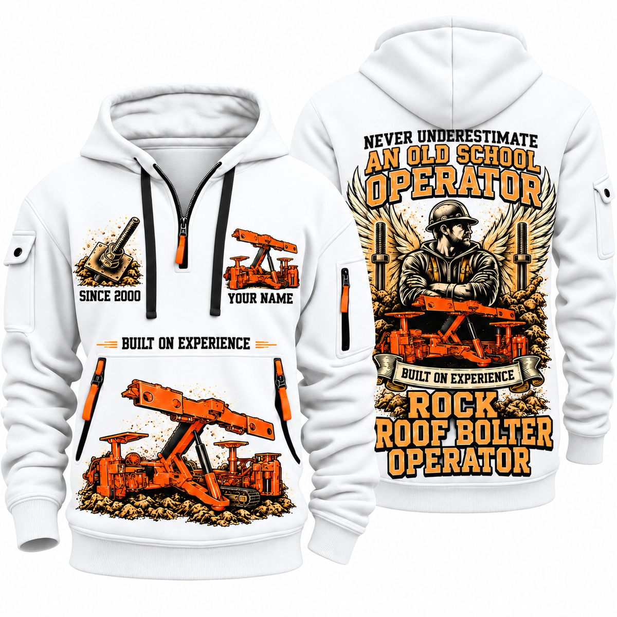 Fletcher CDDR Roof Bolter Operator quarter zip hoodie in White, front and back views, sample YOUR NAME and SINCE 2000 artwork