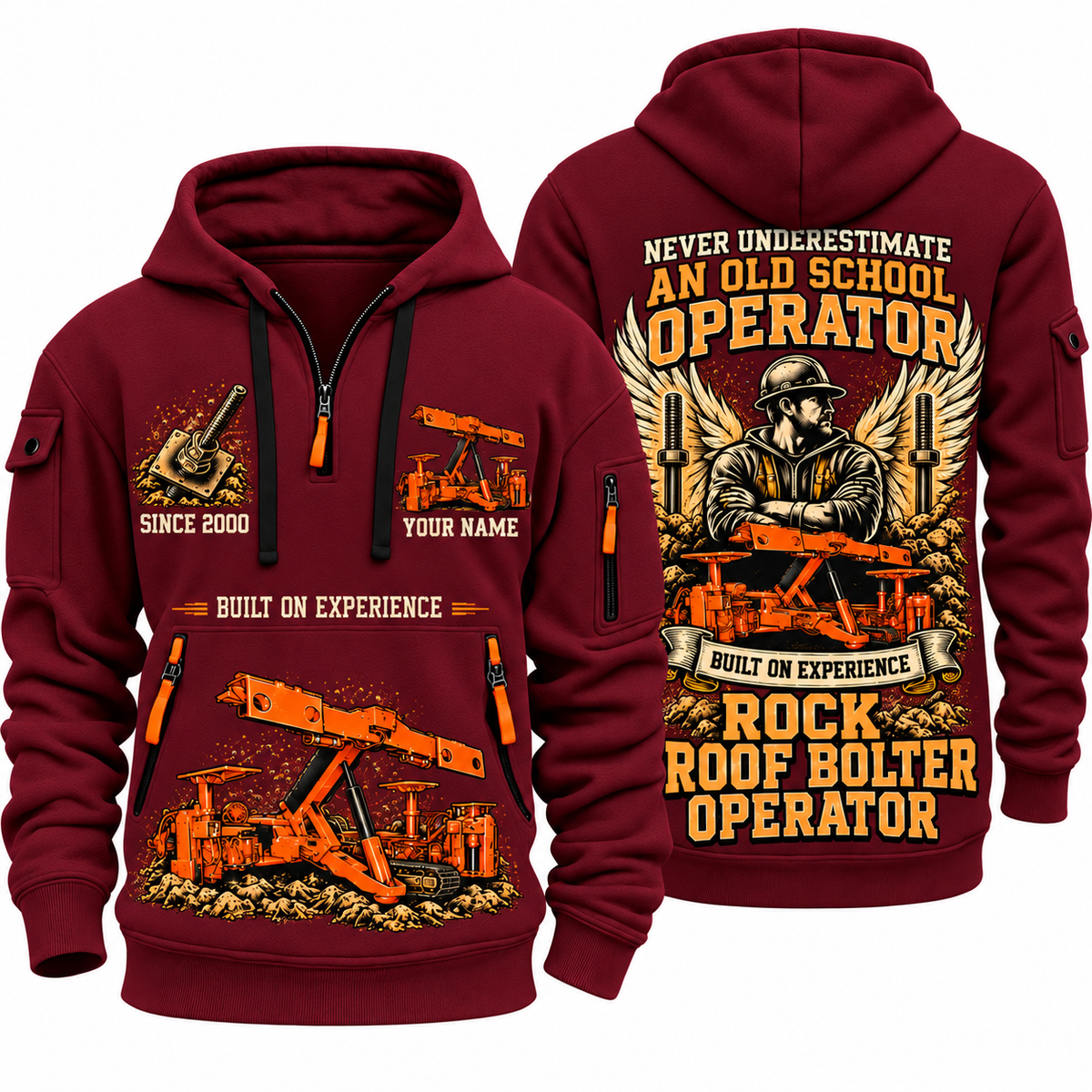 Fletcher CDDR Roof Bolter Operator quarter zip hoodie in Wine Red, front and back views, sample YOUR NAME and SINCE 2000 artwork