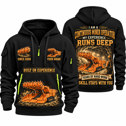 12CM12 Continuous Miner Operator quarter zip hoodie in Black, front and back views, sample YOUR NAME and SINCE 2000 artwork