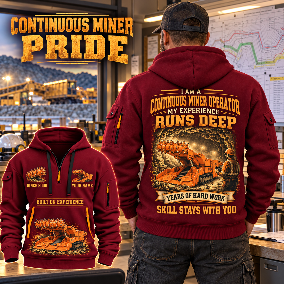 12CM12 Continuous Miner Operator quarter zip hoodie in Wine Red, adult lifestyle portrait showing front and back artwork