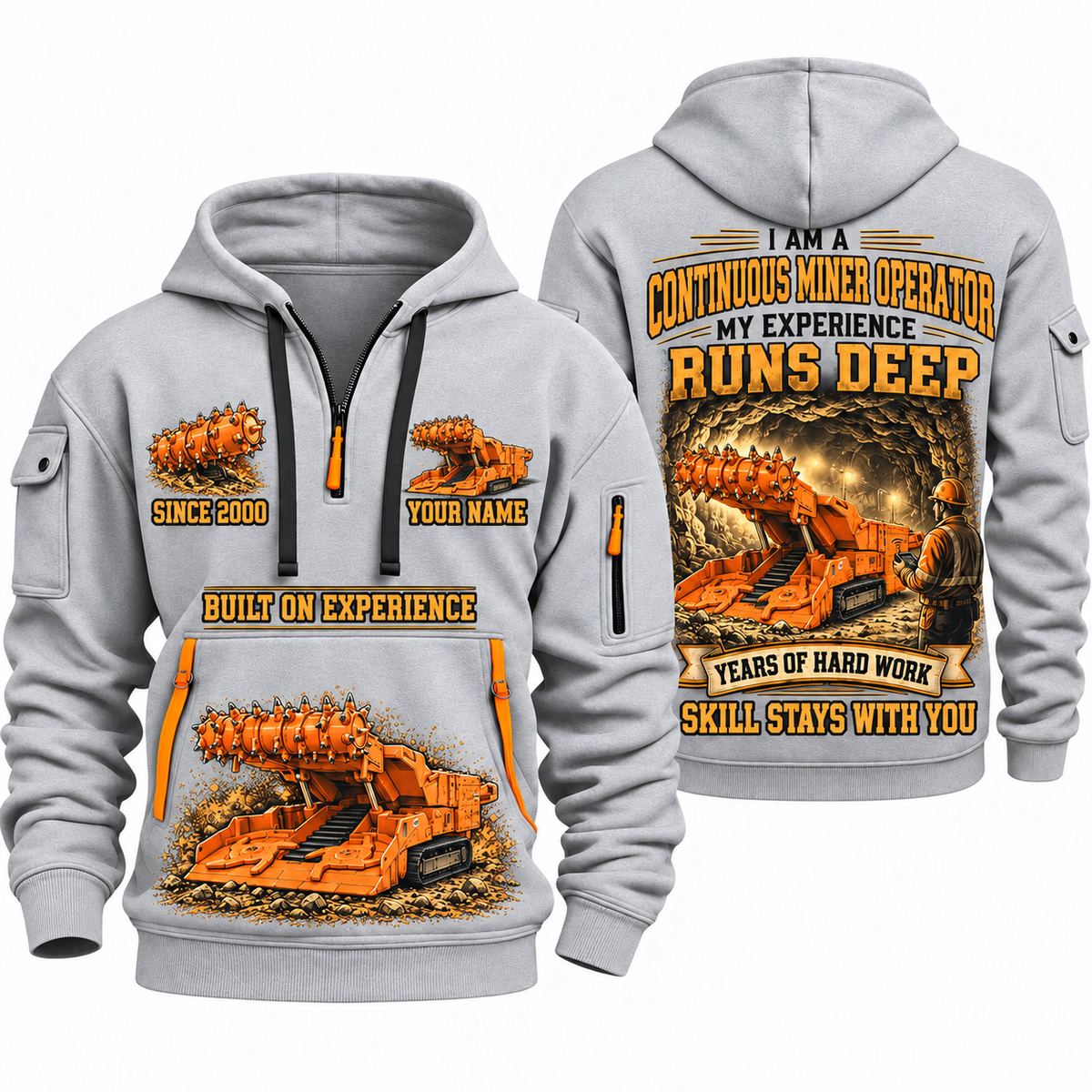 12CM12 Continuous Miner Operator quarter zip hoodie in Light Grey, front and back views, sample YOUR NAME and SINCE 2000 artwork