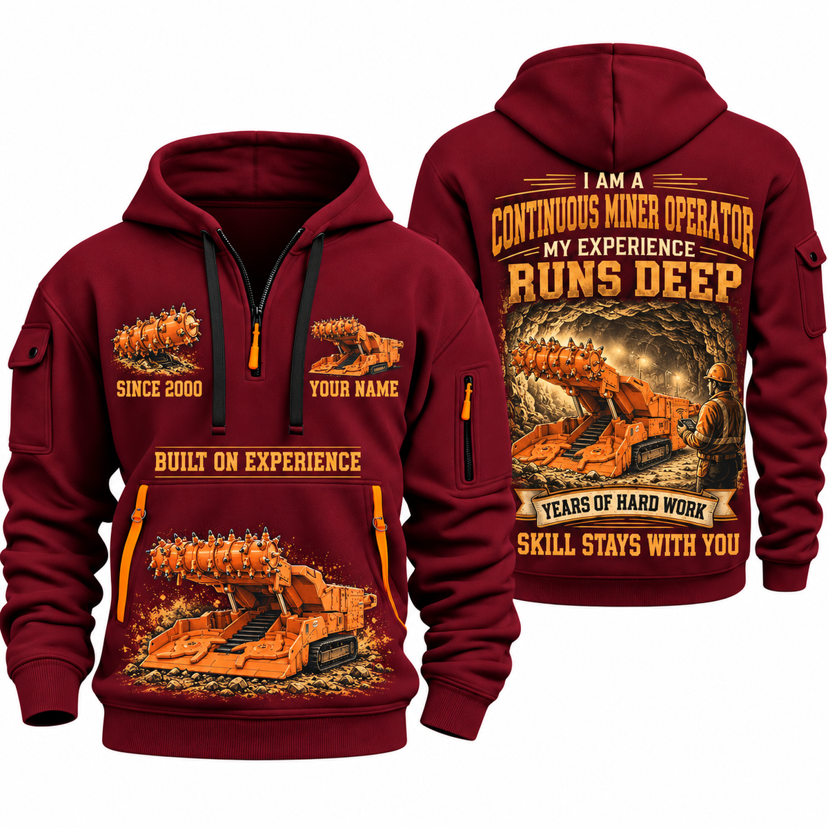 12CM12 Continuous Miner Operator quarter zip hoodie in Wine Red, front and back views, sample YOUR NAME and SINCE 2000 artwork